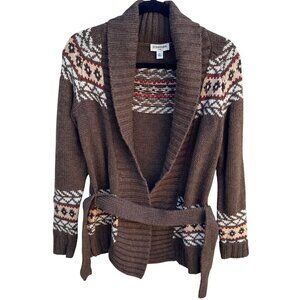 St Johns Bay Womens Shawl Collar Brown Fair Isle Knit Belted Cardigan Sweater PM